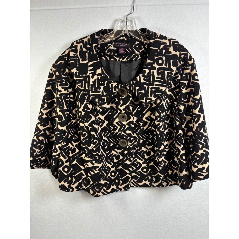 Robbie Bee Blazer Womens 24W Black Tan Abstract Cropped Jacket 3/4 Sleeve Chic